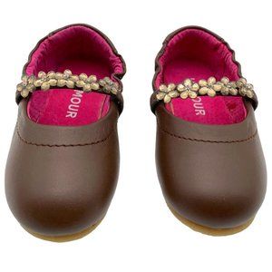 L'Amour Leather Flat With Rhinestone Strap, Toddler 5, Brown